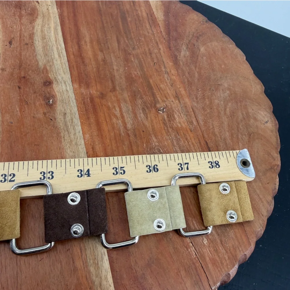 Vintage Suede Leather Hippie Boho Chic Belt Square Links Snaps Rivets fits 34-38